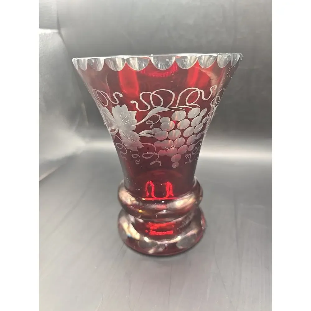 Vintage Egermann Style Ruby Cut To Clear Vase With Grapes and Vines 6